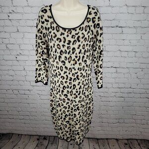 Velvet Beige Leopard Cashmere Blend Knit Long Sleeve Sweater Dress Size Large L